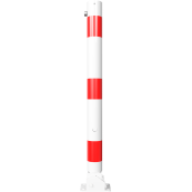 Barrier posts | Steel tube  76 x 2,6 mm | foldable, with triangular locking mechanism | to be fixed by plugswith base plate 100 x 150 mm | hot-dip galvanized and white coatedwith three red reflecting stripes | with 1 eyelet